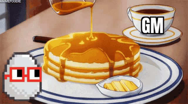 a stack of pancakes with syrup being poured over them and a cup of coffee with the word gm on it