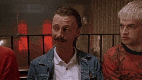 a man in a denim jacket says shites it