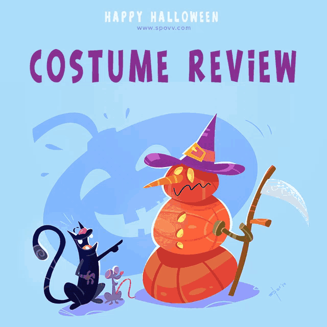 a cartoon illustration of a cat and a snowman with the words happy halloween costume review