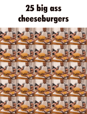 a collage of pictures of men eating cheeseburgers