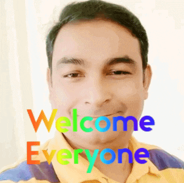 a man in a yellow and blue striped shirt is smiling with the words welcome everyone behind him