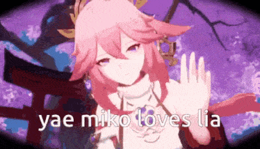 a girl with pink hair is waving her hand in front of a torii gate .