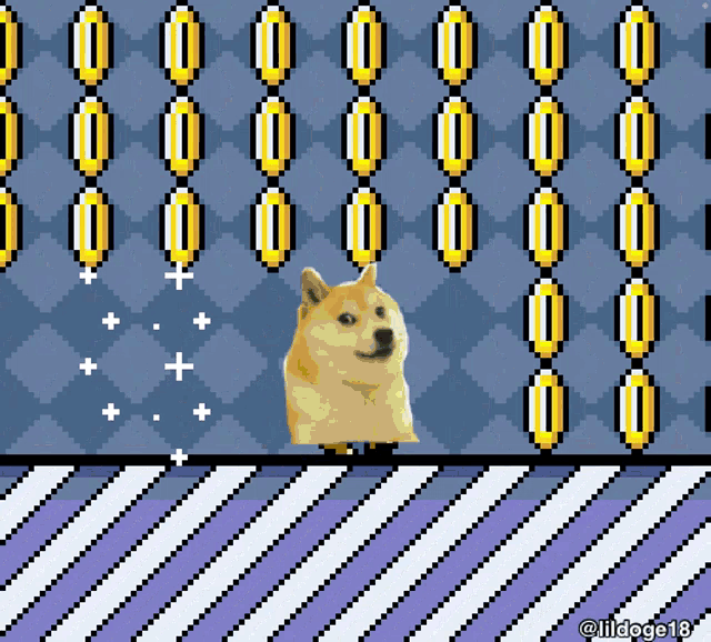 a pixel art of a doge standing in front of a wall of coins