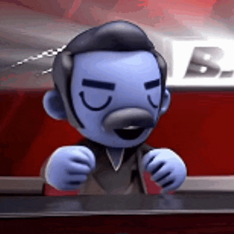 a cartoon character with a mustache is sitting at a table and smiling .
