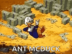 a cartoon character is laying on the ground surrounded by piles of money .