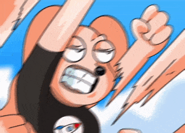 a cartoon character with braces on his teeth is flying through the air with his fist in the air