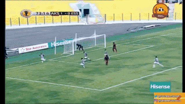 a soccer game is being played on a television screen with an ad for hisense on the bottom