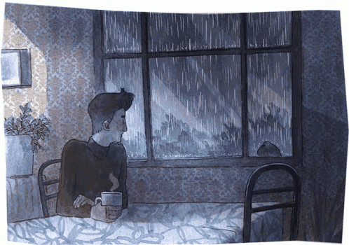 a drawing of a man sitting in bed looking out a window