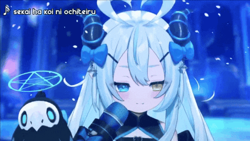 a video of a girl singing with the words sekai ha koi ni ochiteiru above her