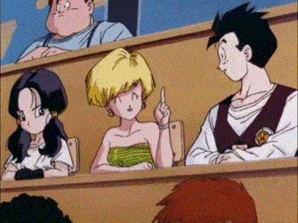 a group of cartoon characters are sitting in a classroom and one of them is pointing