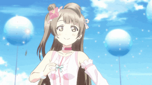 a girl with a flower in her hair is standing in front of balloons in the sky