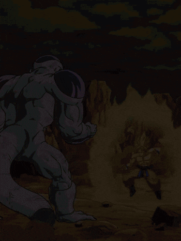 a cartoon of a man with a purple head standing next to a fireball