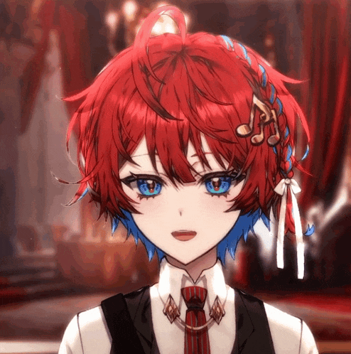 a girl with red hair and blue eyes is wearing a tie