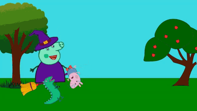 a cartoon of a witch standing next to a crocodile and trees