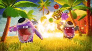 a couple of monsters are standing in a field with a huge explosion behind them .