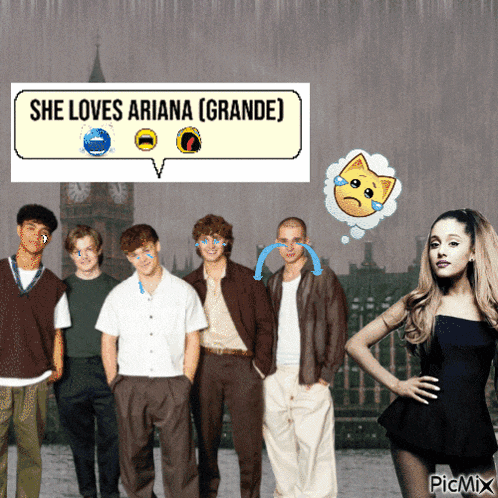 a group of people standing in front of a sign that says she loves ariana ( grande )