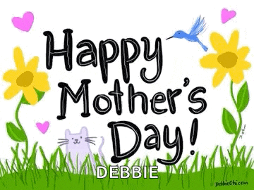 a happy mother 's day greeting card with flowers , hearts , a cat and a hummingbird .