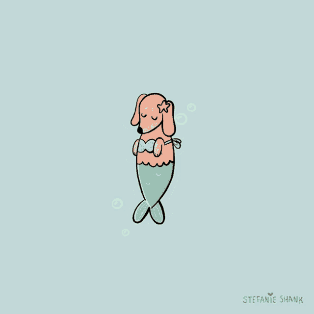 a drawing of a dog dressed as a mermaid with the name stefanie shank below it