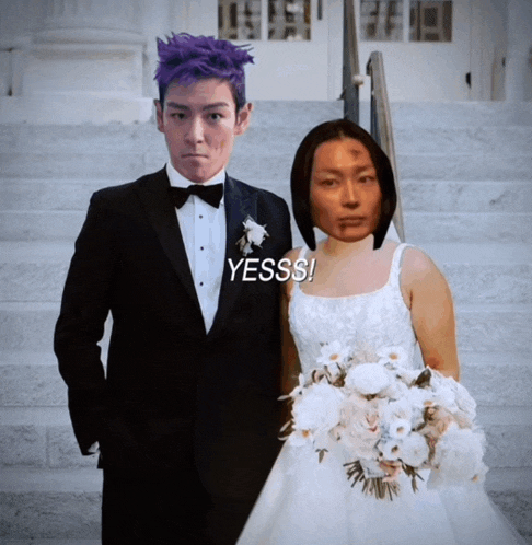 a man in a tuxedo stands next to a woman in a wedding dress with the words yesss on the bottom right