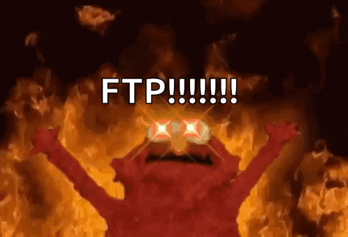 elmo is standing in front of a fire with the words ftp written on it