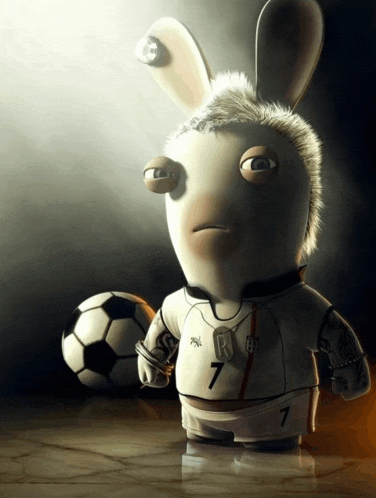 a cartoon rabbit wearing a number 7 jersey stands next to a soccer ball