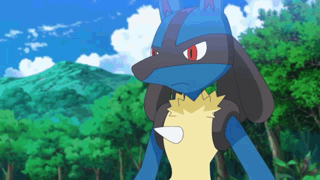 a blue and yellow pokemon with red eyes stands in the woods