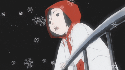 a girl with a red hood is standing on a railing