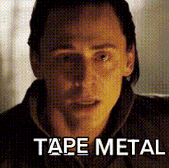 a close up of a man 's face with the words tape metal written on it