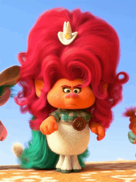 a troll with red hair wearing a cowboy hat