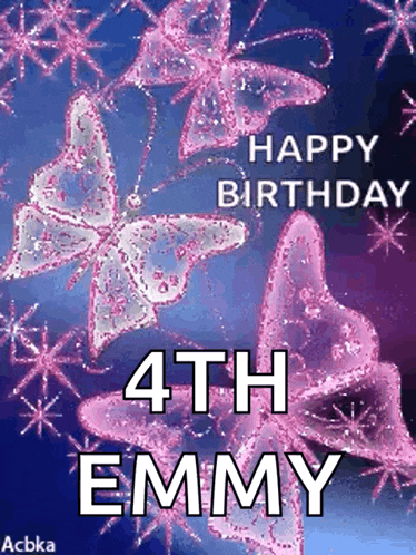 a 4th birthday card for emmy with pink butterflies on a purple background