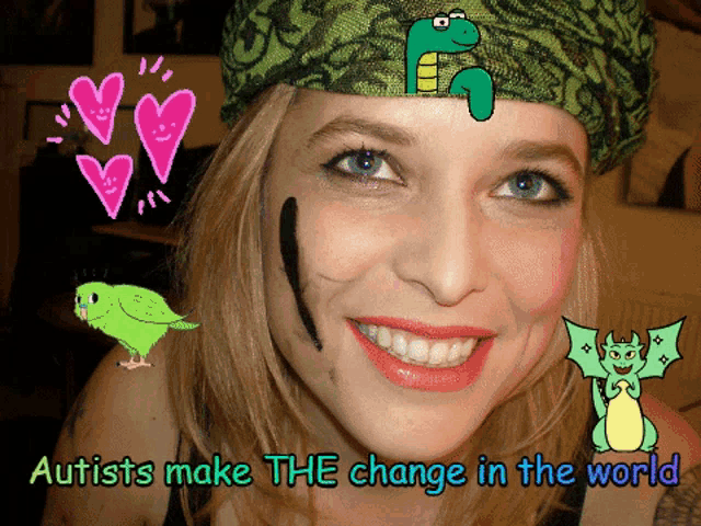a woman wearing a green bandana with a dinosaur on it