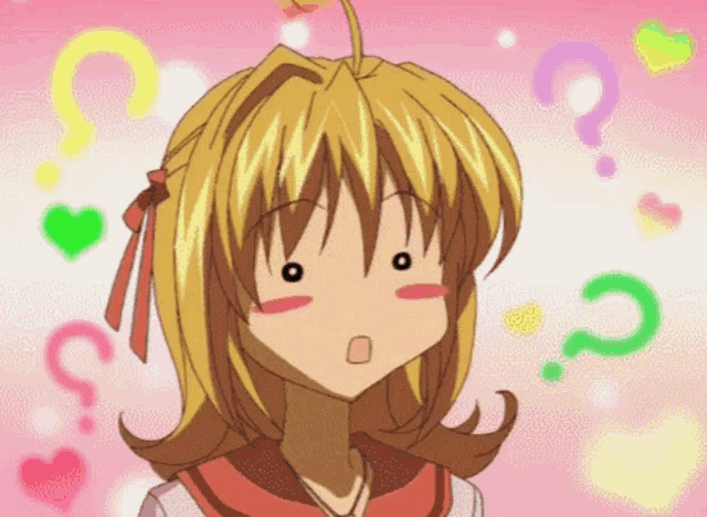 a girl with a surprised look on her face surrounded by question marks