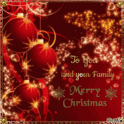 a merry christmas card with red and gold ornaments