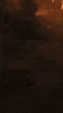 a painting of a sunset with a lot of fire falling from the sky