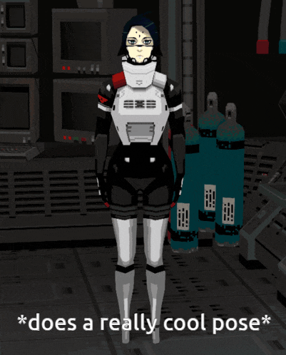 a cartoon of a woman standing in a room with the words * does a really cool pose * below her