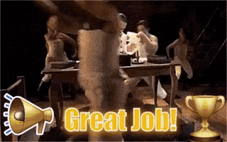 a group of people dancing in front of a sign that says " great job "
