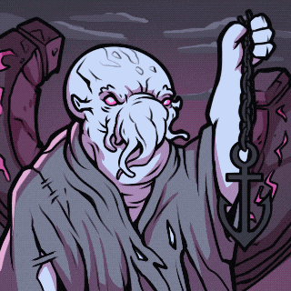 a cartoon drawing of a monster holding a chain with an anchor on it