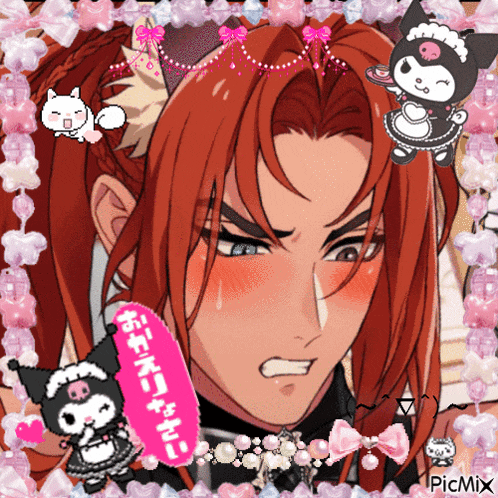 a picture of a man with red hair is surrounded by pink beads and a picture of a cat with a skull on it