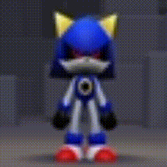 a sonic the hedgehog robot toy is standing on a gray surface .