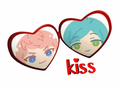 a couple of heart shaped mirrors with the word kiss in red