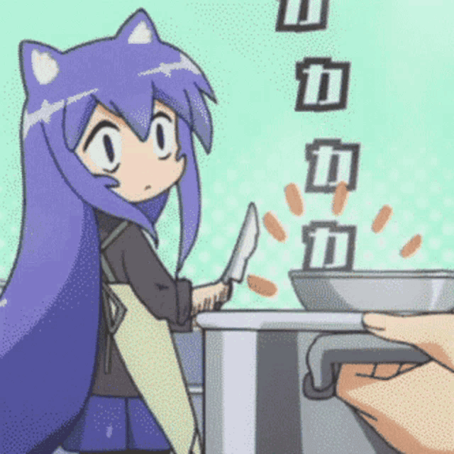 a cartoon of a girl with purple hair cooking