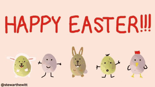 a drawing of easter eggs with faces and the words " happy easter "