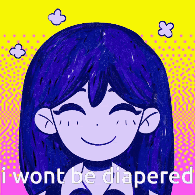 a drawing of a girl with blue hair and the words i won t be diapered below her