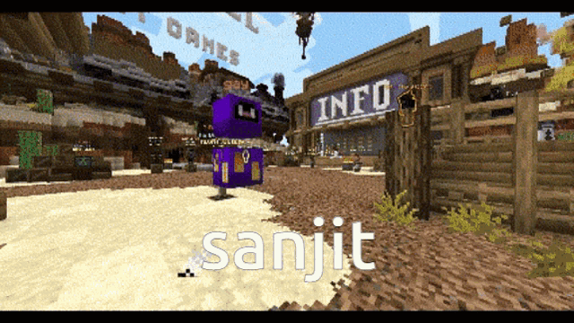 a purple robot is standing in front of an info sign