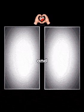 a black background with a hand making a heart and the word and below it
