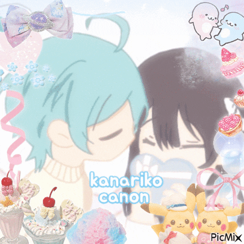 a picture of a boy and a girl with kanariko canon written in blue