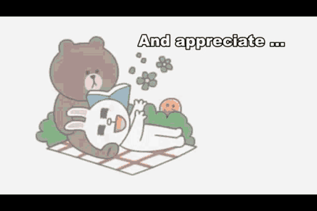 a brown bear is reading a book to a white rabbit on a picnic blanket