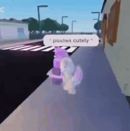 a person in a video game is walking down a sidewalk with a speech bubble that says `` pushes cutely '' .