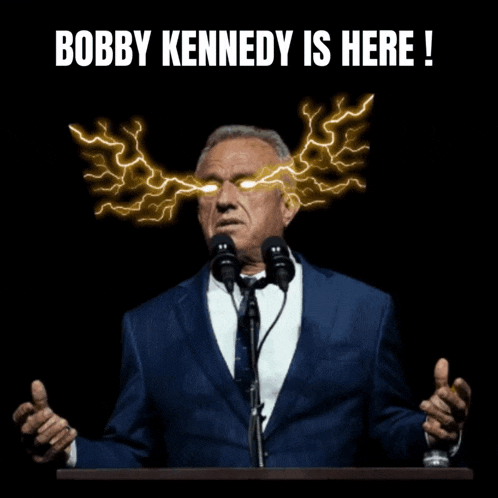 a man is giving a speech with lightning coming out of his head and the words bobby kennedy is here make america healthy again