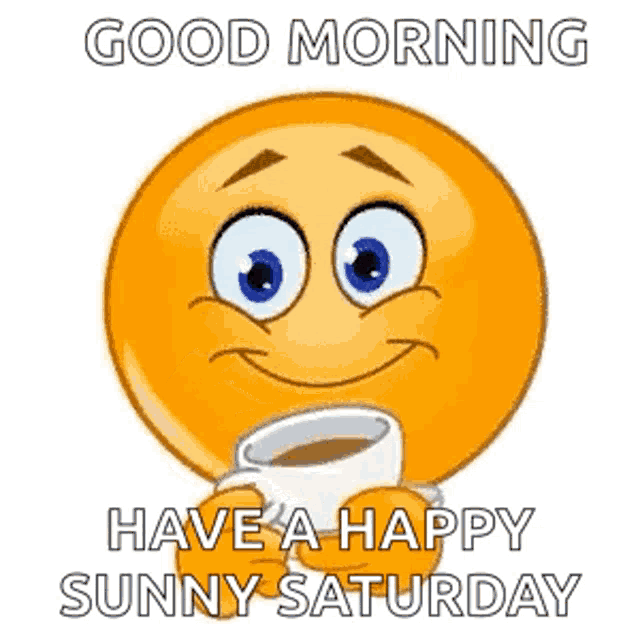 a smiley face is holding a cup of coffee .